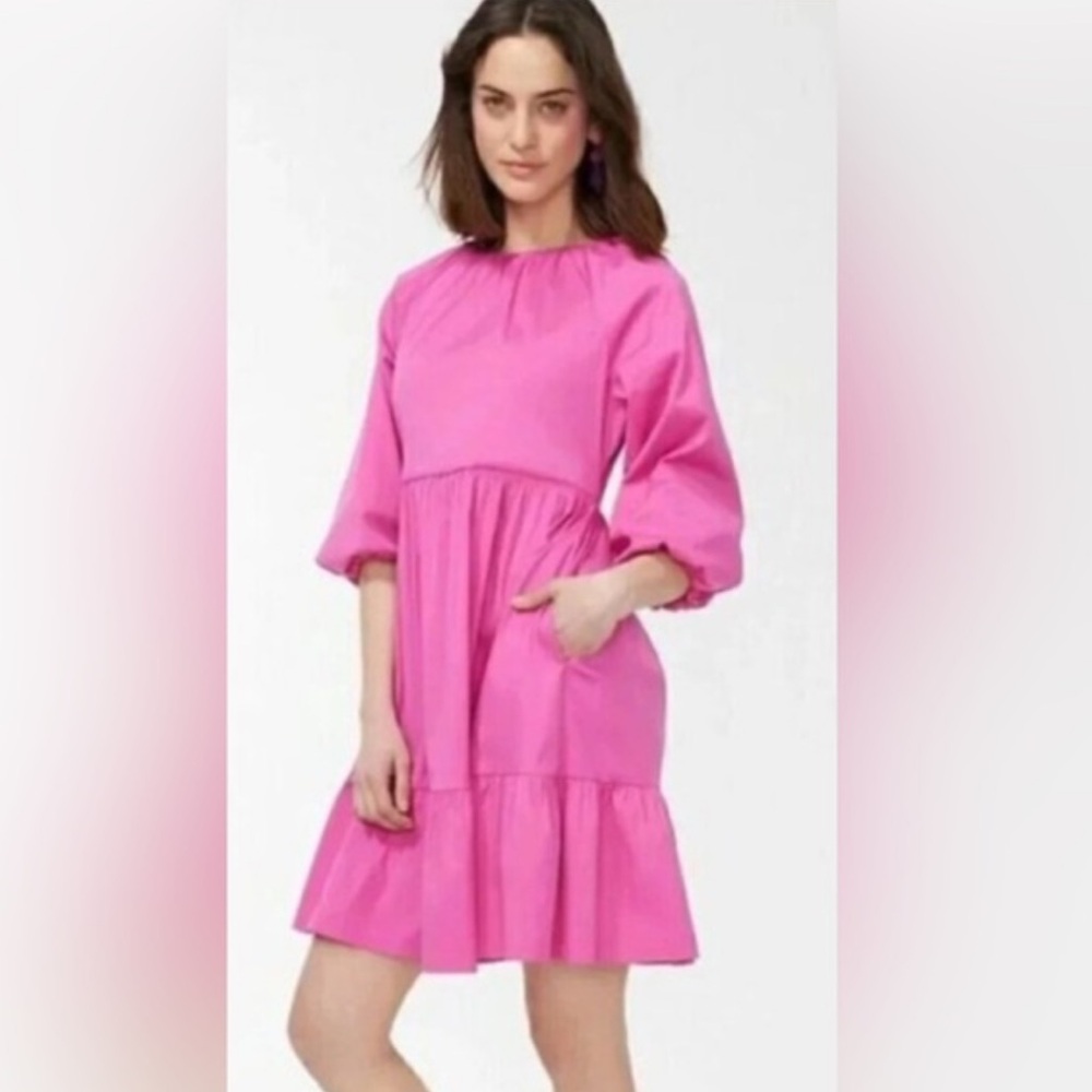Chicos Cotton Tiered 3/4 Puff Sleeve Mini Dress US 8 Hot Pink Pockets Party
